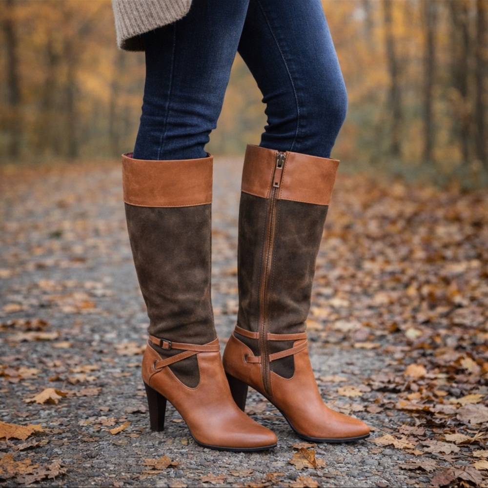 LAUREN RALPH LAUREN MISA Brown Leather Suede Knee High Boots